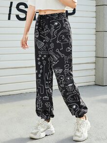 SHEIN Unity Allover Cartoon Graphic Wind Pants - Black - View 5
