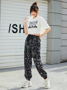 SHEIN Unity Allover Cartoon Graphic Wind Pants - Black - View 6