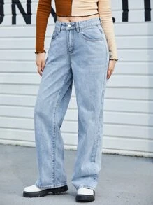 SHEIN Jean Tombol Plain Casual - Light Wash - View 5