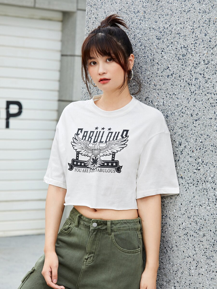 SHEIN EZwear Áo thun Hem thô Hình học Giải trí - trắng - Xem 1