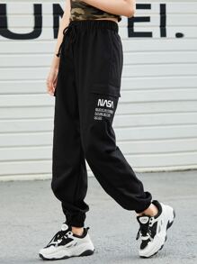 SHEIN EZwear 標語圖案翻蓋口袋長褲 - 黑色 - 查看 1