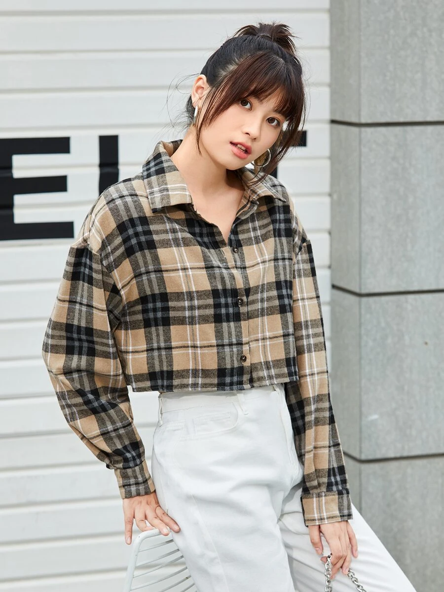 SHEIN EZwear 春秋宽松休闲棕色格子印花前扣长袖短款衬衫、长袖上衣 - 彩色 - 查看 1