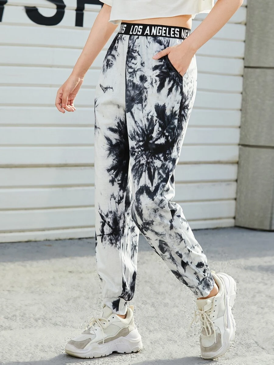 SHEIN EZwear Quần thể thao nữ Túi Lá thư Cà vạt nhuộm - Đen và trắng - Xem 1
