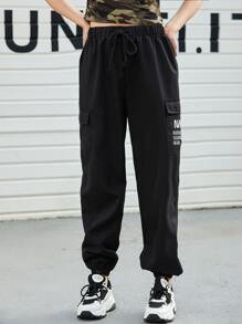 SHEIN EZwear 標語圖案翻蓋口袋長褲 - 黑色 - 查看 3