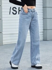 SHEIN EZwear High Waist Straight Leg Jeans - Light Wash - View 1