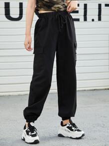 SHEIN EZwear 標語圖案翻蓋口袋長褲 - 黑色 - 查看 4