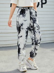SHEIN EZwear Quần thể thao nữ Túi Lá thư Cà vạt nhuộm - Đen và trắng - Xem 3