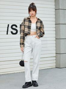 SHEIN EZwear 春秋宽松休闲棕色格子印花前扣长袖短款衬衫、长袖上衣 - 彩色 - 查看 3