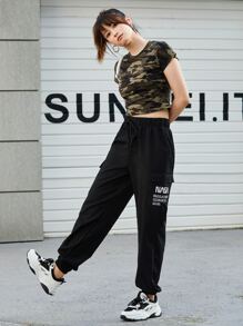 SHEIN EZwear 標語圖案翻蓋口袋長褲 - 黑色 - 查看 5