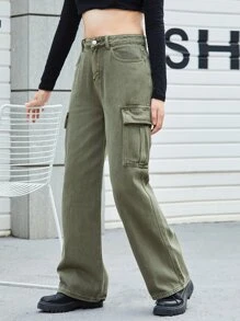 SHEIN EZwear Flap Pocket Cargo Jeans - Army Green - View 1