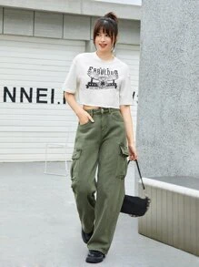 SHEIN EZwear Áo thun Hem thô Hình học Giải trí - trắng - Xem 3