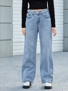 SHEIN EZwear High Waist Straight Leg Jeans - Light Wash - View 3