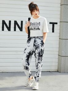 SHEIN EZwear Quần thể thao nữ Túi Lá thư Cà vạt nhuộm - Đen và trắng - Xem 5