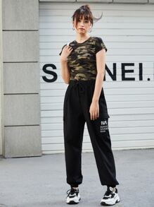 SHEIN EZwear 標語圖案翻蓋口袋長褲 - 黑色 - 查看 6