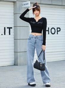 SHEIN EZwear High Waist Straight Leg Jeans - Light Wash - View 4