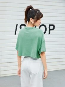 SHEIN EZwear Áo thun Gân đan màu trơn Giải trí - Màu xanh Bạc hà - Xem 2