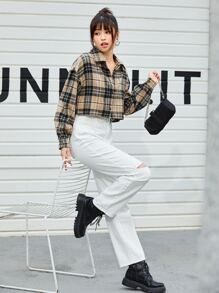 SHEIN EZwear 春秋宽松休闲棕色格子印花前扣长袖短款衬衫、长袖上衣 - 彩色 - 查看 4