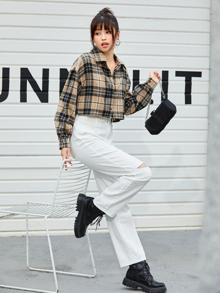 SHEIN EZwear เสื้อเชิ้ตแขนยาว กระดุงหน้า ปริ้นลายสก็อตนิ่มๆ ใส่สบาย ฤดูใบไม้ผลิและฤดูใบไม้ร่วง, เสื้อแขนยาว - มัลติคัลเลอร์ - ดู 4