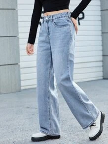 SHEIN EZwear High Waist Straight Leg Jeans - Light Wash - View 5