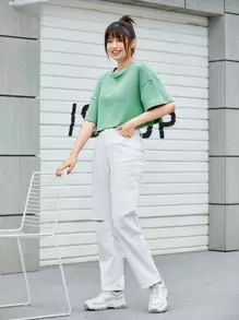 SHEIN EZwear Áo thun Gân đan màu trơn Giải trí - Màu xanh Bạc hà - Xem 3