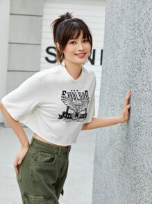 SHEIN EZwear Áo thun Hem thô Hình học Giải trí - trắng - Xem 5