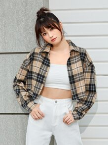 SHEIN EZwear 春秋宽松休闲棕色格子印花前扣长袖短款衬衫、长袖上衣 - 彩色 - 查看 5