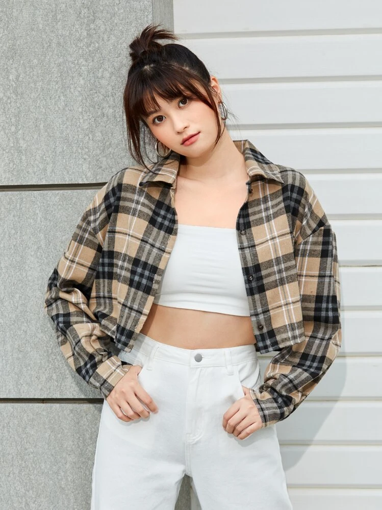 SHEIN EZwear เสื้อเชิ้ตแขนยาว กระดุงหน้า ปริ้นลายสก็อตนิ่มๆ ใส่สบาย ฤดูใบไม้ผลิและฤดูใบไม้ร่วง, เสื้อแขนยาว - มัลติคัลเลอร์ - ดู 5