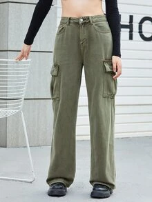 SHEIN EZwear Flap Pocket Cargo Jeans - Army Green - View 3