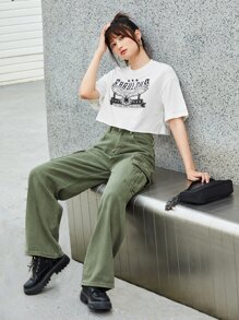 SHEIN EZwear Áo thun Hem thô Hình học Giải trí - trắng - Xem 6