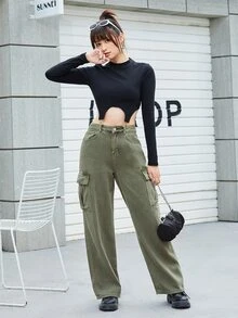 SHEIN EZwear Flap Pocket Cargo Jeans - Army Green - View 4