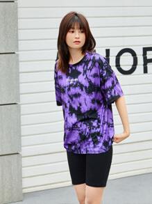 SHEIN EZwear 落肩字母圖案紮染T恤