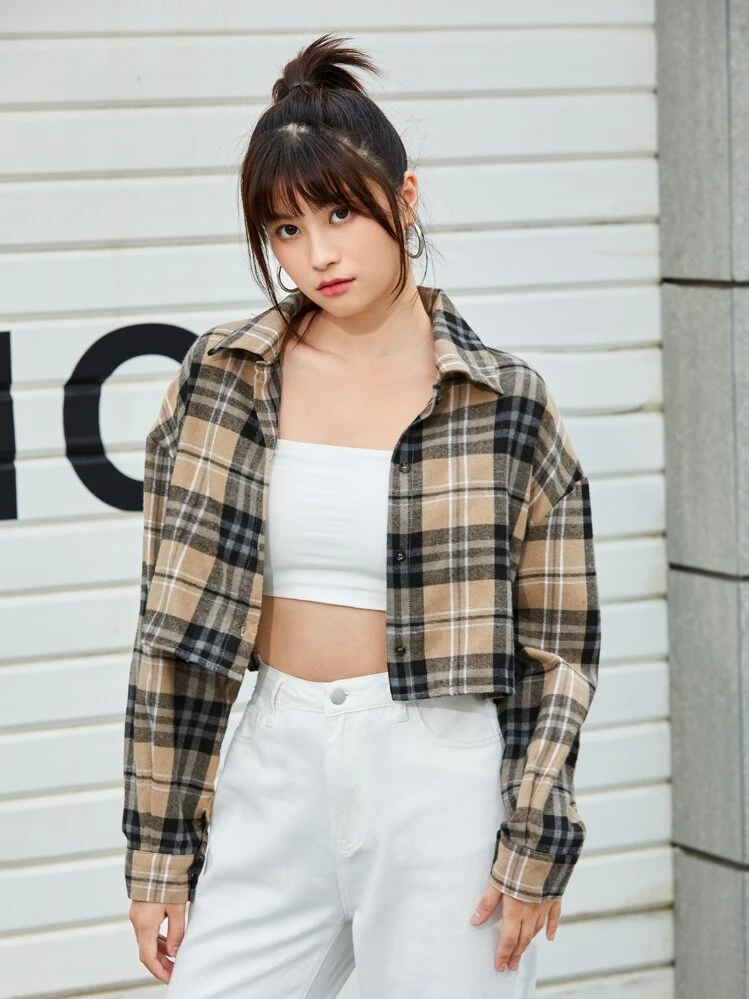 SHEIN EZwear เสื้อเชิ้ตแขนยาว กระดุงหน้า ปริ้นลายสก็อตนิ่มๆ ใส่สบาย ฤดูใบไม้ผลิและฤดูใบไม้ร่วง, เสื้อแขนยาว - มัลติคัลเลอร์ - ดู 6