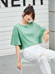 SHEIN EZwear Áo thun Gân đan màu trơn Giải trí - Màu xanh Bạc hà - Xem 4