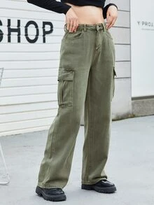 SHEIN EZwear Flap Pocket Cargo Jeans - Army Green - View 5