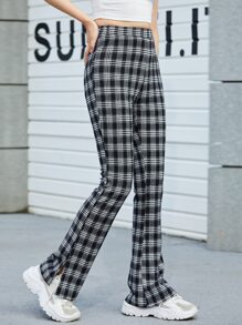 SHEIN EZwear Split Side Plaid Pants - Black and White - View 1