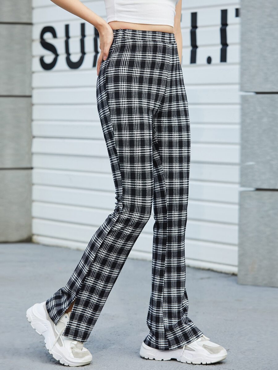 SHEIN EZwear Split Side Plaid Pants - Black and White - View 1