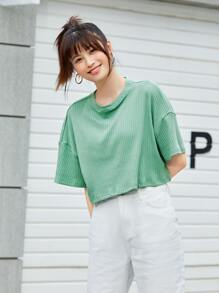SHEIN EZwear Áo thun Gân đan màu trơn Giải trí - Màu xanh Bạc hà - Xem 5