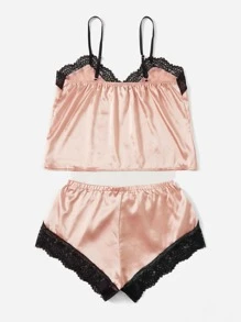 Floral Lace Satin Cami Pyjama Set - Baby Pink - View 2