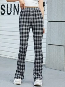 SHEIN EZwear Split Side Plaid Pants - Black and White - View 3