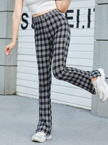 SHEIN EZwear Split Side Plaid Pants - Black and White - View 4