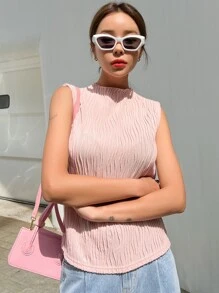 DAZY Stand Neck Solid Tank Top - Baby Pink - View 5