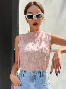 DAZY Stand Neck Solid Tank Top - Baby Pink - View 8