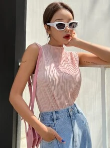 DAZY Stand Neck Solid Tank Top - Baby Pink - View 9