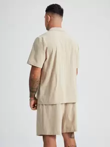 Manfinity NXTstreet Men Plus Cotton Solid Lapel Neck Shirt & Shorts - Apricot - View 2