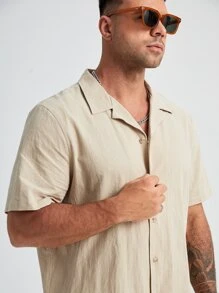 Manfinity NXTstreet Men Plus Cotton Solid Lapel Neck Shirt & Shorts - Apricot - View 3