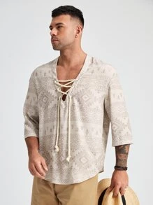 Manfinity VCAY Men Plus Geo Print Lace Up Loose Shirt - Beige - View 1
