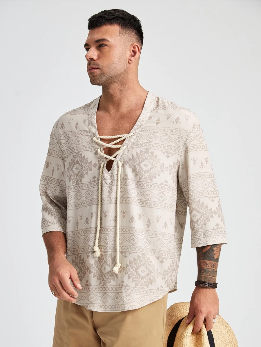 Manfinity VCAY Men Plus Geo Print Lace Up Loose Shirt - Beige - View 1