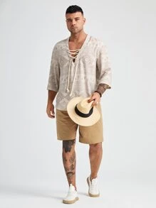 Manfinity VCAY Men Plus Geo Print Lace Up Loose Shirt - Beige - View 3