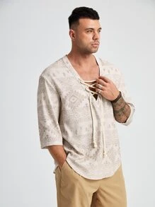 Manfinity VCAY Men Plus Geo Print Lace Up Loose Shirt - Beige - View 4