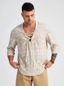 Manfinity VCAY Men Plus Geo Print Lace Up Loose Shirt - Beige - View 5